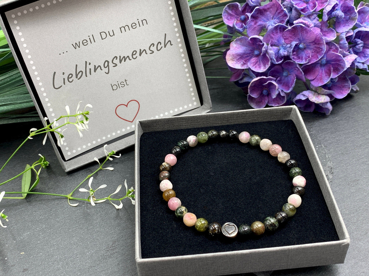 Perlenarmband Turmalin Wassermelone echter Naturstein mit Herz DQ - Silber Gold Roségold Gunmetal - spirituelles Armband - Schutzstein
