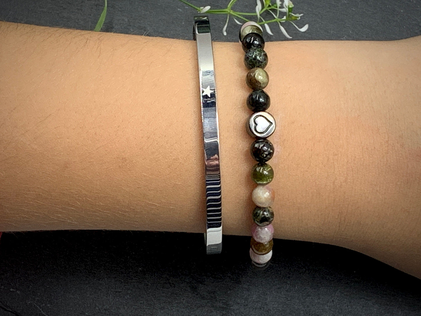 Perlenarmband Turmalin Wassermelone echter Naturstein mit Herz DQ - Silber Gold Roségold Gunmetal - spirituelles Armband - Schutzstein