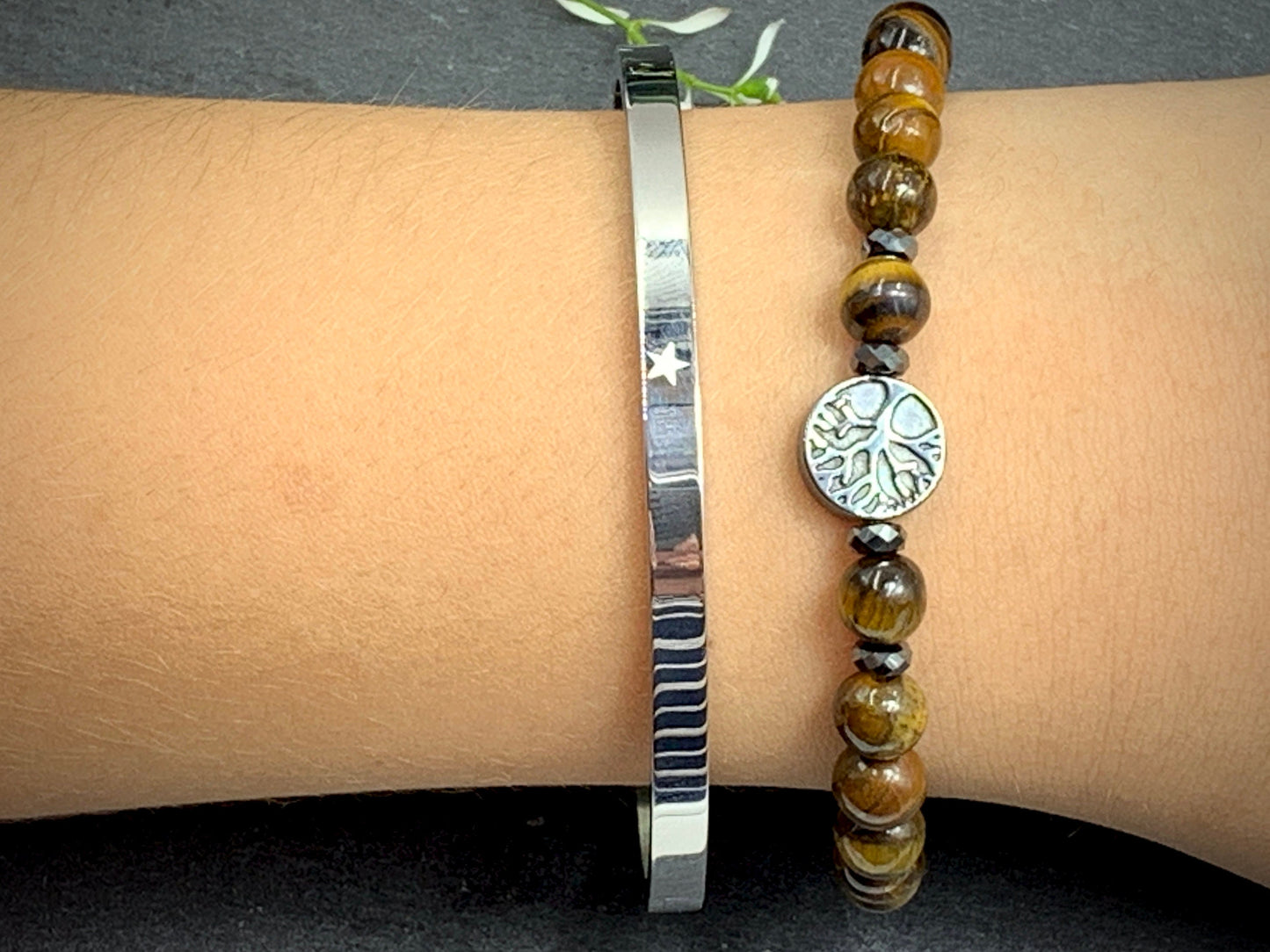 Perlenarmband Tigerauge Lebensbaum Hämatit Dunkelsilber - Gunmetal Roségold Silber - spirituelles Armband Wachstum Ganzheit Erdung