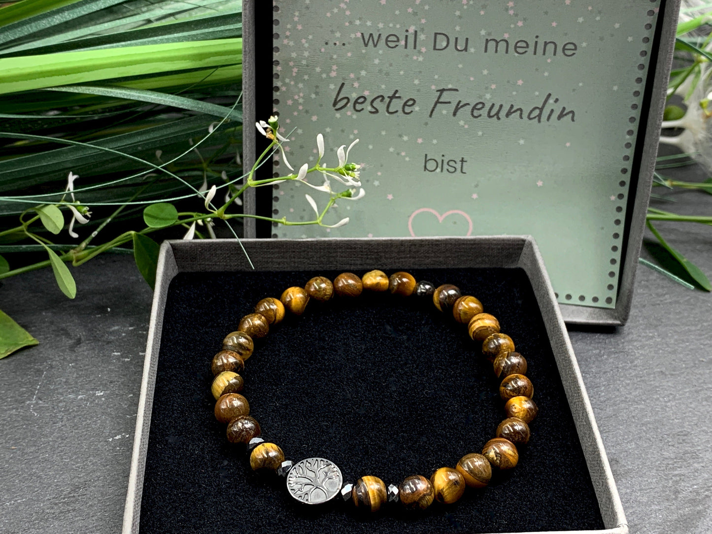 Perlenarmband Tigerauge Lebensbaum Hämatit Dunkelsilber - Gunmetal Roségold Silber - spirituelles Armband Wachstum Ganzheit Erdung