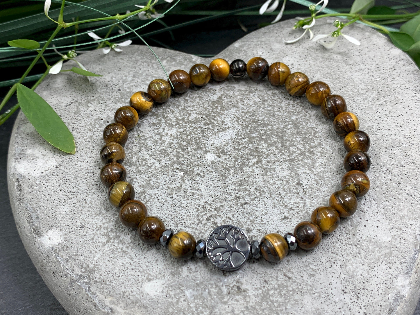 Perlenarmband Tigerauge Lebensbaum Hämatit Dunkelsilber - Gunmetal Roségold Silber - spirituelles Armband Wachstum Ganzheit Erdung