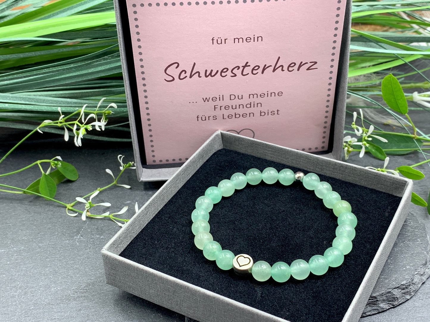 Perlenarmband Aventurin echter Naturstein mit Herz DQ - Silber Gold Roségold Gunmetal - spirituelles Armband - Geschenk Liebe Glück Freundin