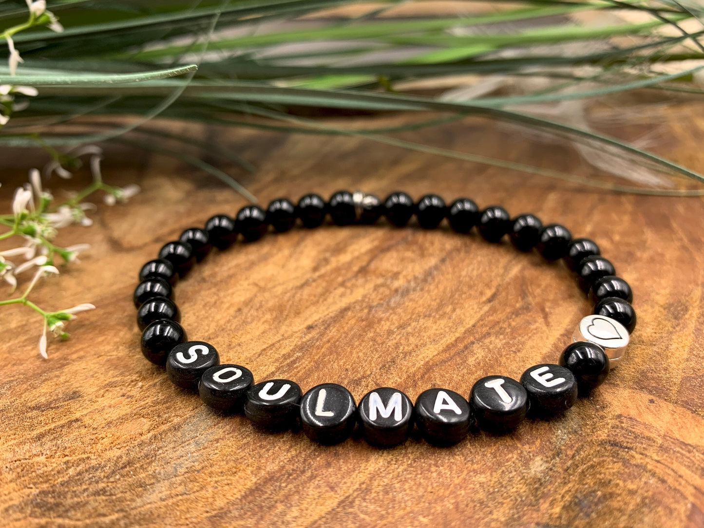 Armband schwarzer Achat Soulmate - Herz DQ Metall - Perlenarmband eche Edelsteine Damen Kinder Herren - Geschenk Liebe Freundschaft Glück