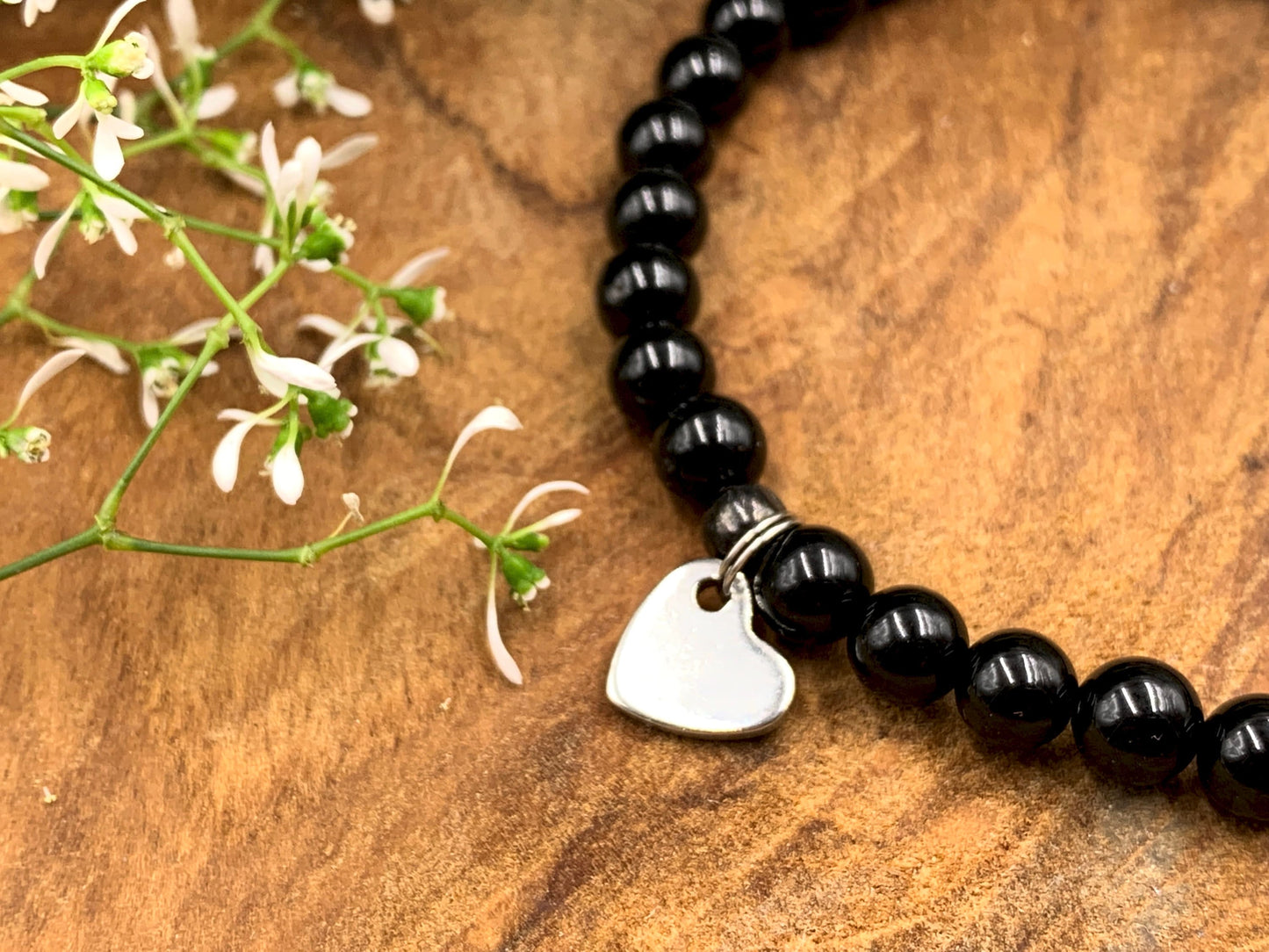 Armband schwarzer Achat Soulmate - Herz DQ Metall - Perlenarmband eche Edelsteine Damen Kinder Herren - Geschenk Liebe Freundschaft Glück