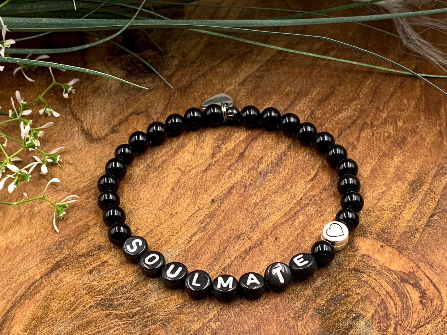 Armband schwarzer Achat Soulmate - Herz DQ Metall - Perlenarmband eche Edelsteine Damen Kinder Herren - Geschenk Liebe Freundschaft Glück