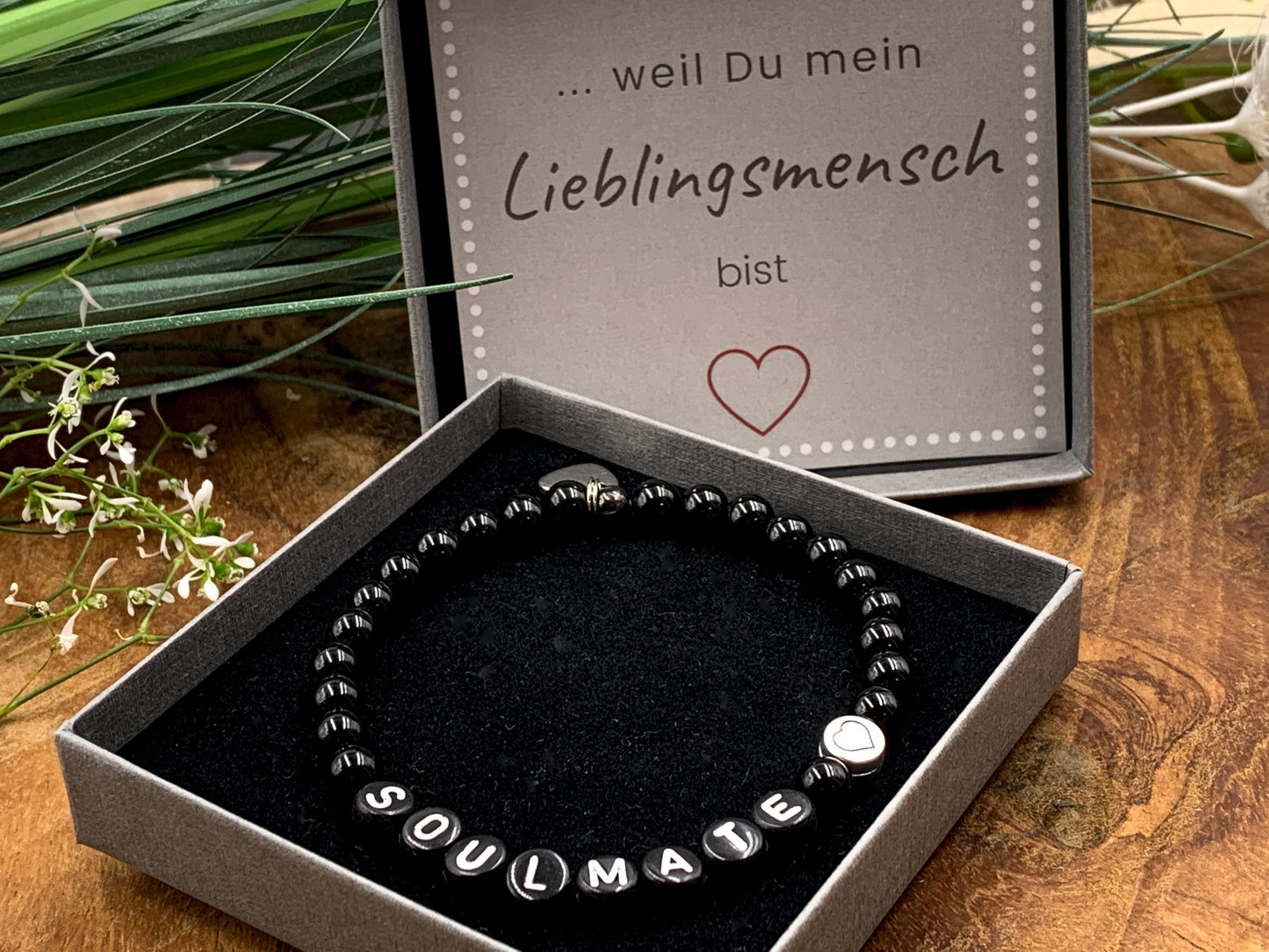 Armband schwarzer Achat Soulmate - Herz DQ Metall - Perlenarmband eche Edelsteine Damen Kinder Herren - Geschenk Liebe Freundschaft Glück