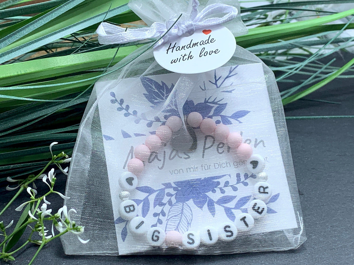 Armband Big Sister Rosa Acryl - Geschenk kleine Schwester kleiner Bruder Kinderarmaband mit Namen - Wunschfarbe personalisierbar
