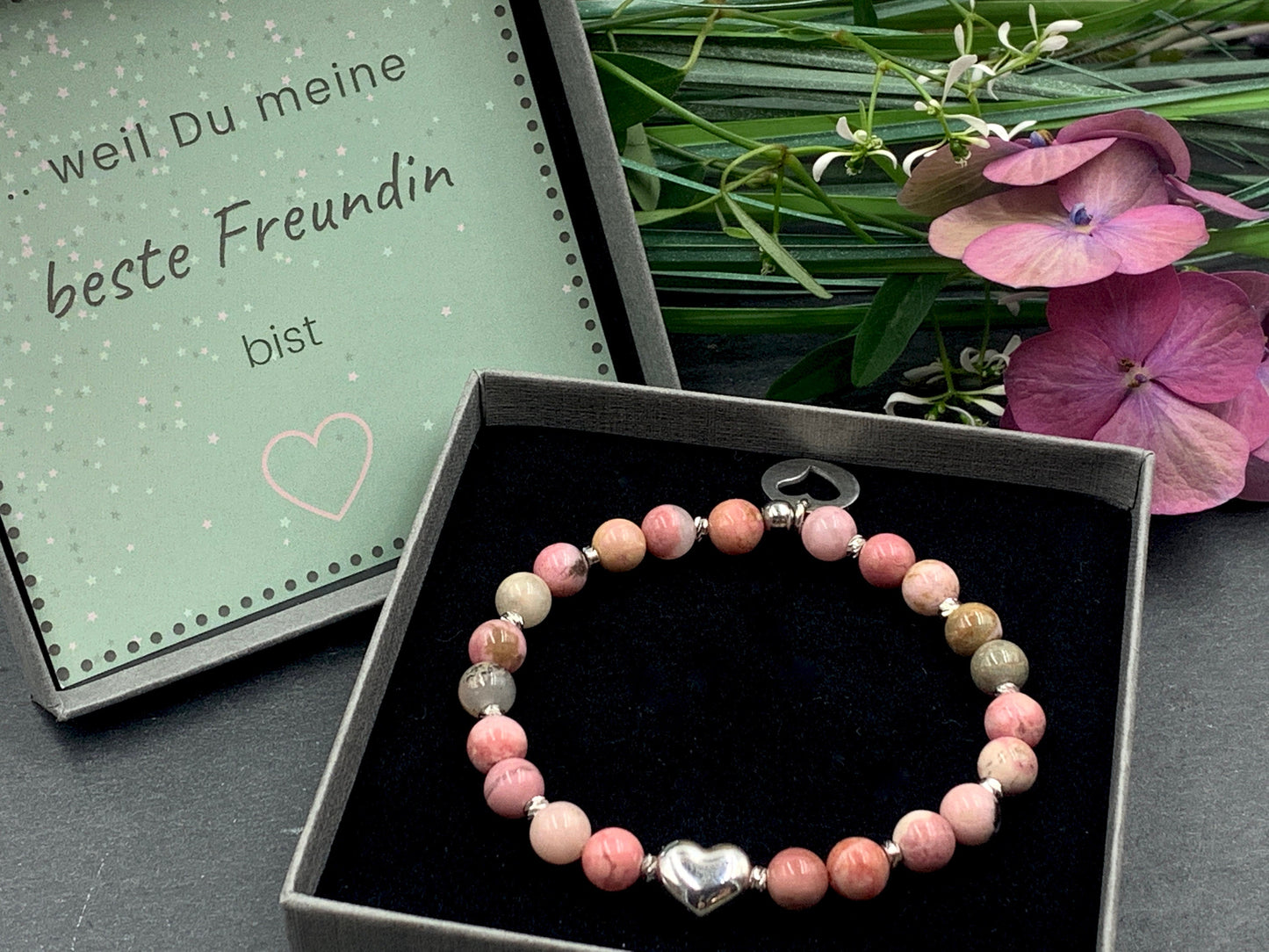Armband Rhodonit Herz Edelstahl Facettenperlen platiniert - Geschenk beste Freundin Liebe Glück - spirituelles Perlenarmband Wunschedelstein