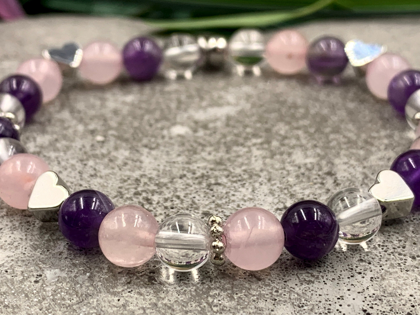 Armband Mix Amethyst Bergkristall Rosenquarz mit Herzen echt platiniert - spirituelles Armband Innere Ruhe Herzchakra Liebe Energie