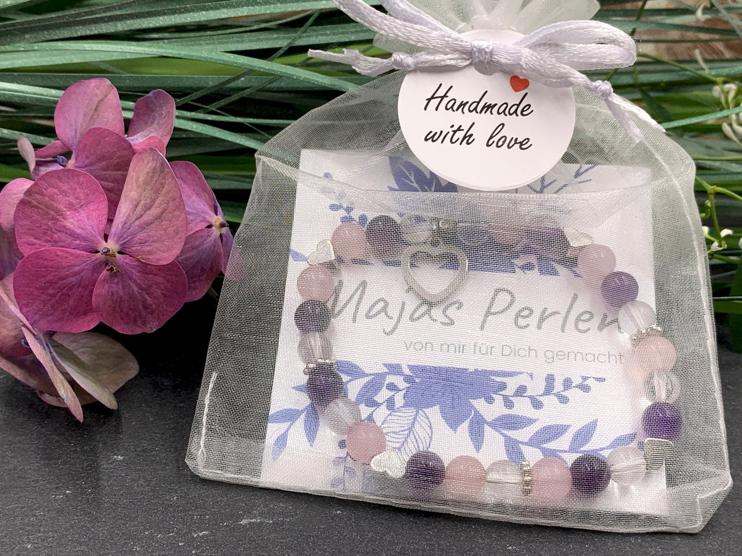 Armband Mix Amethyst Bergkristall Rosenquarz mit Herzen echt platiniert - spirituelles Armband Innere Ruhe Herzchakra Liebe Energie