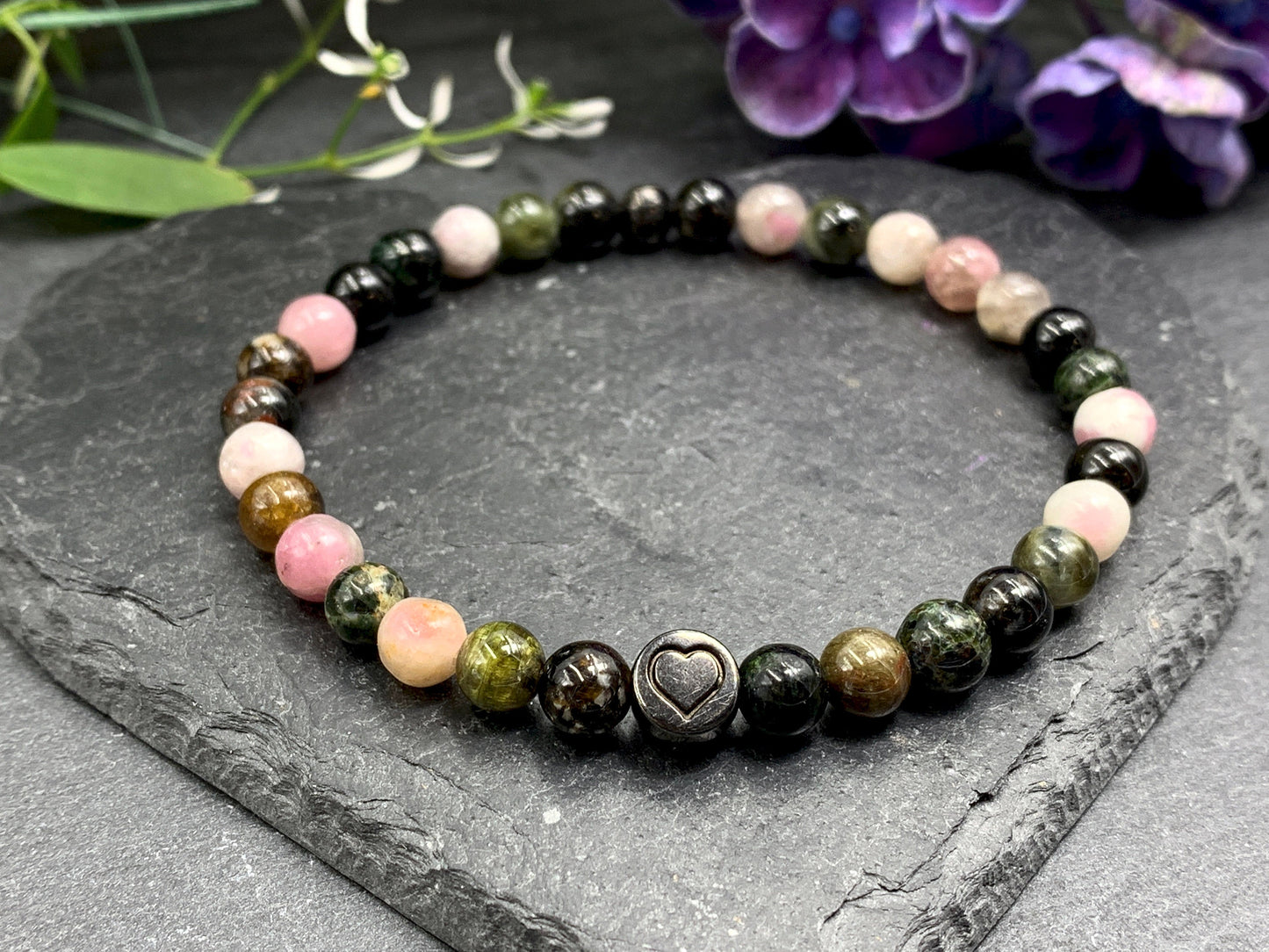 Perlenarmband Turmalin Wassermelone echter Naturstein mit Herz DQ - Silber Gold Roségold Gunmetal - spirituelles Armband - Schutzstein