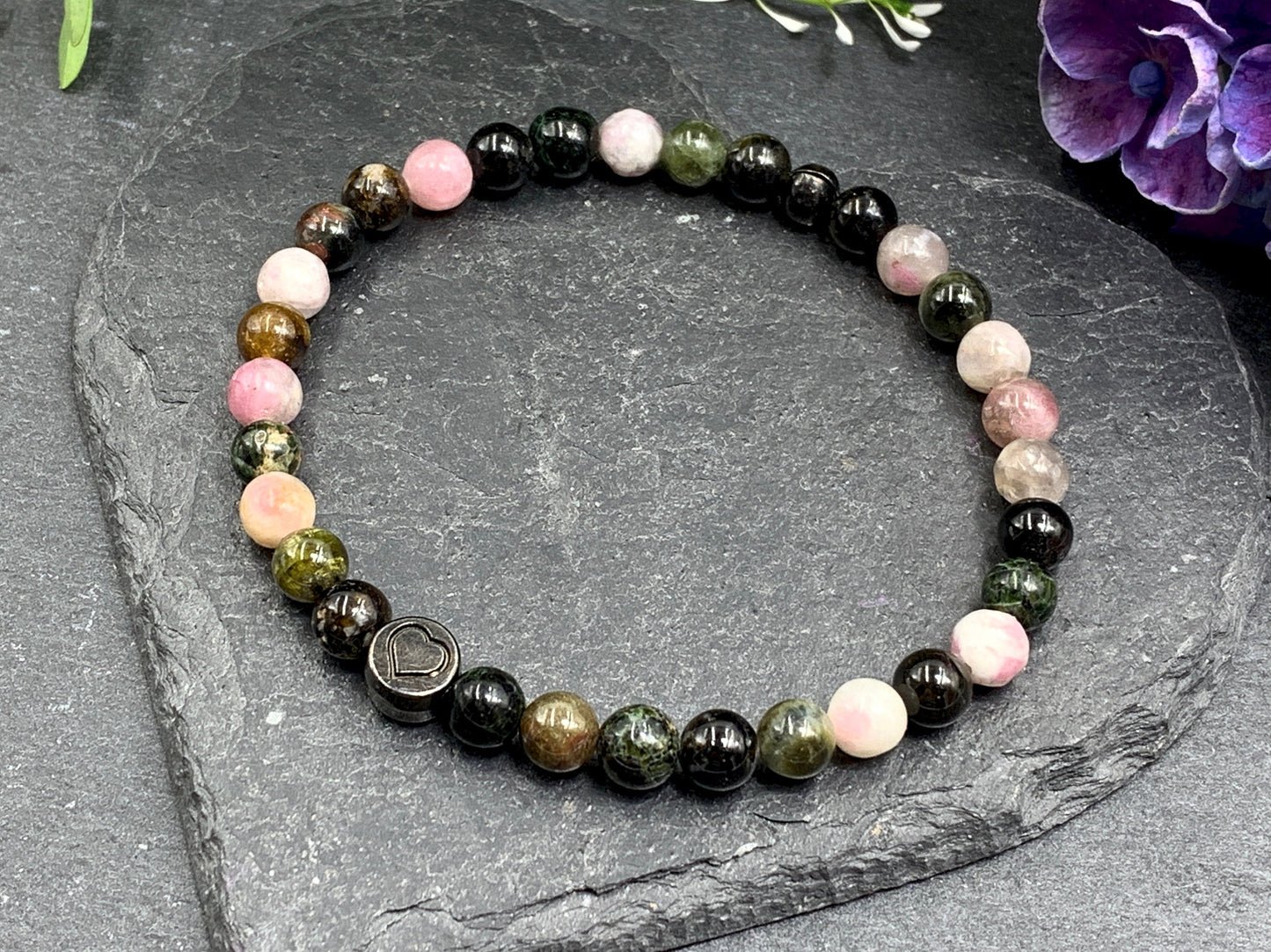 Perlenarmband Turmalin Wassermelone echter Naturstein mit Herz DQ - Silber Gold Roségold Gunmetal - spirituelles Armband - Schutzstein