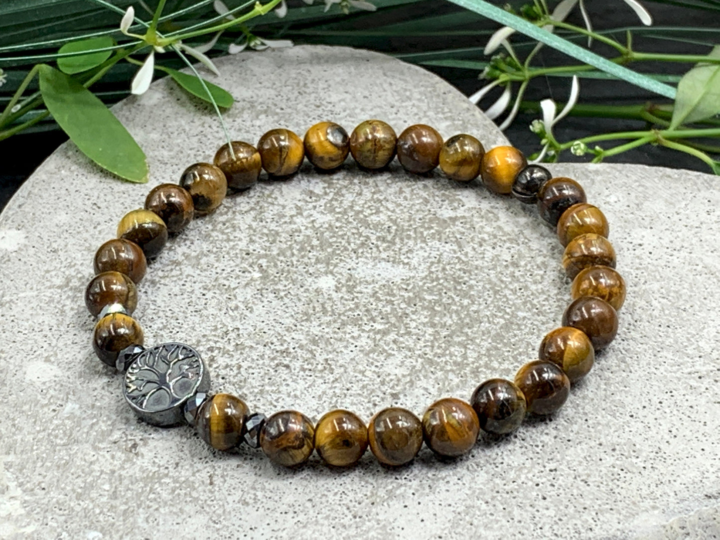 Perlenarmband Tigerauge Lebensbaum Hämatit Dunkelsilber - Gunmetal Roségold Silber - spirituelles Armband Wachstum Ganzheit Erdung