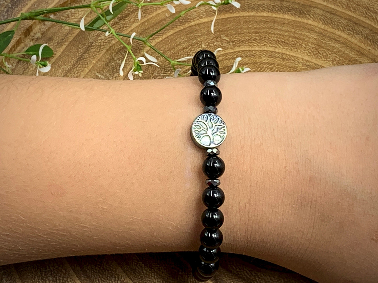 Perlen Turmalin Armband Perlen echt 6mm Lebensbaum Hämatit Silber - Handmade Perlenarmband schwarz für Schutz Kraft und Stärke - unisex