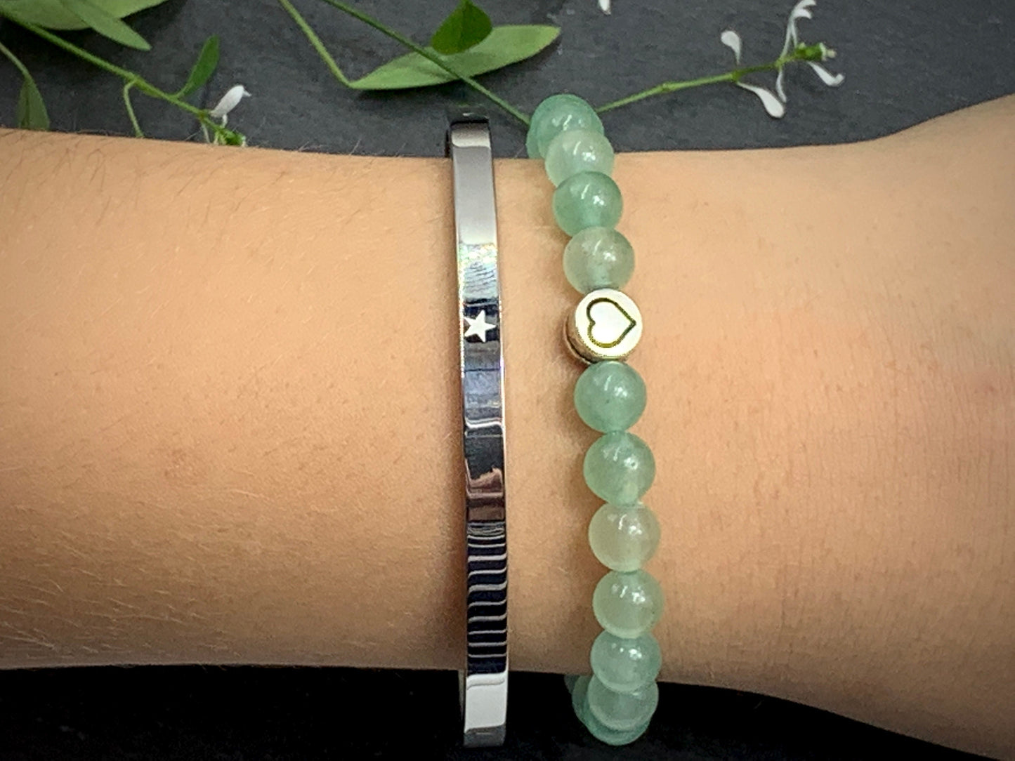 Perlenarmband Aventurin echter Naturstein mit Herz DQ - Silber Gold Roségold Gunmetal - spirituelles Armband - Geschenk Liebe Glück Freundin