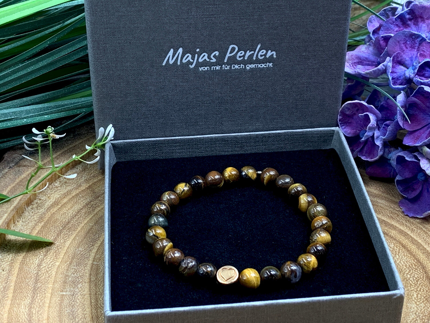 Armband Tigerauge echter Naturstein mit Herz DQ - Silber Gold Roségold Gunmetal - spirituelles Armband - Geschenk Liebe Glück Freundin