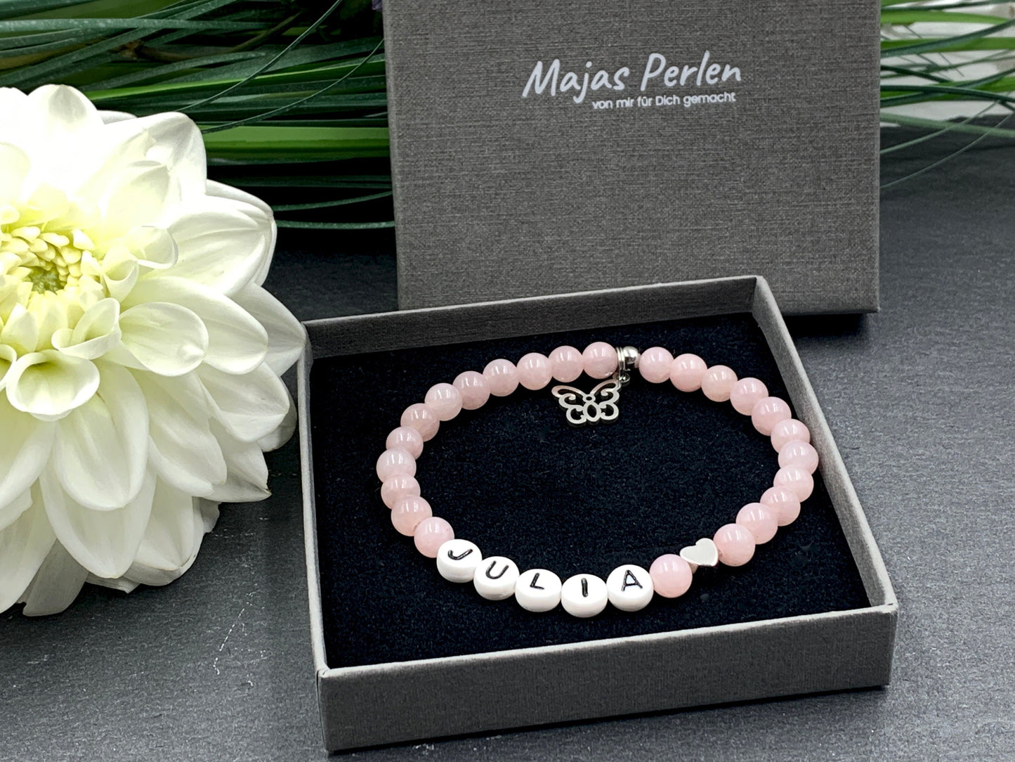 Armband mit Namen Achat altrosa Herz Platiniert - Geschenk Geburt Andenken Freundschaft Kinderarmband Mama personalisierbar Wunschedelstein