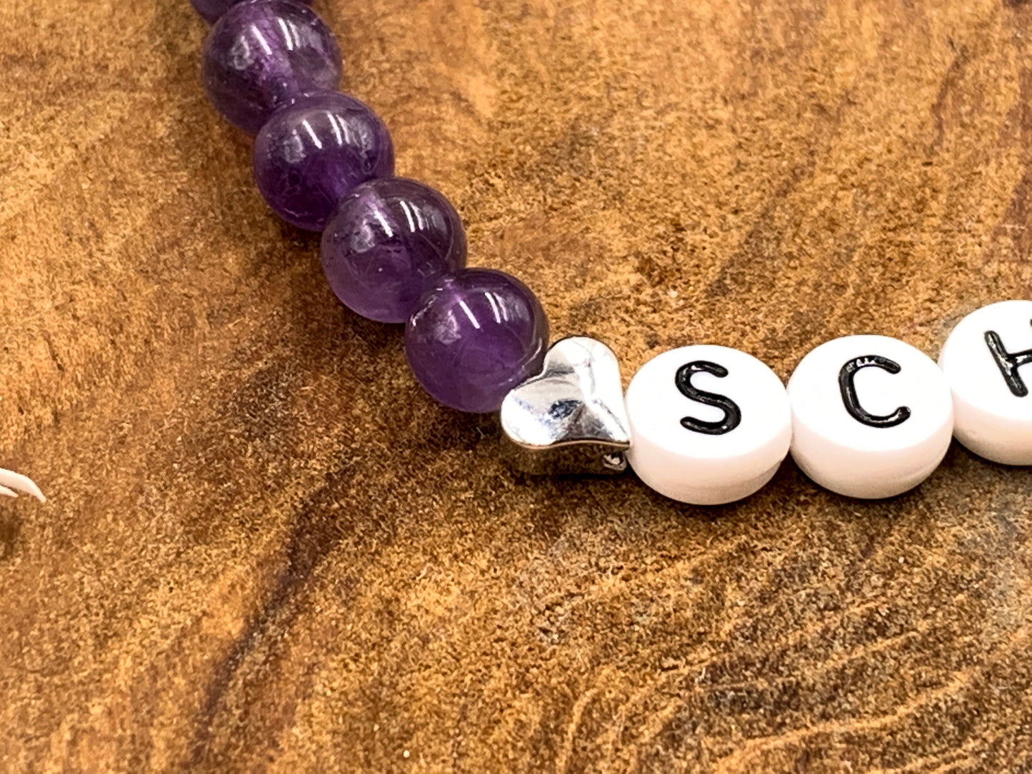 Armband Amethyst Schwesterherz Herzen Messing Platiniert - Geschenk Kleine Schwester Großer Bruder Geburt Geschwisterkind - personalisierbar