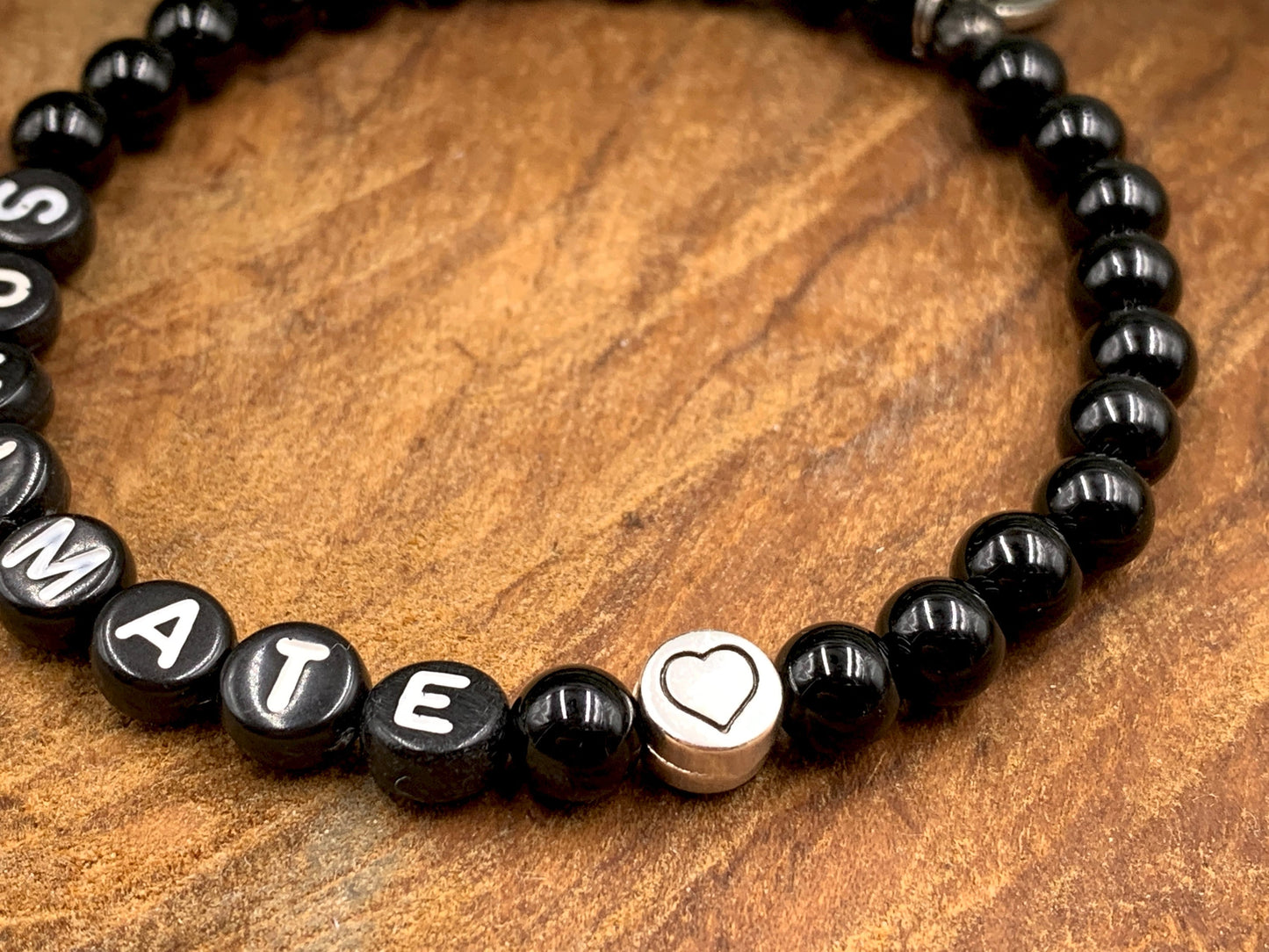 Armband schwarzer Achat Soulmate - Herz DQ Metall - Perlenarmband eche Edelsteine Damen Kinder Herren - Geschenk Liebe Freundschaft Glück