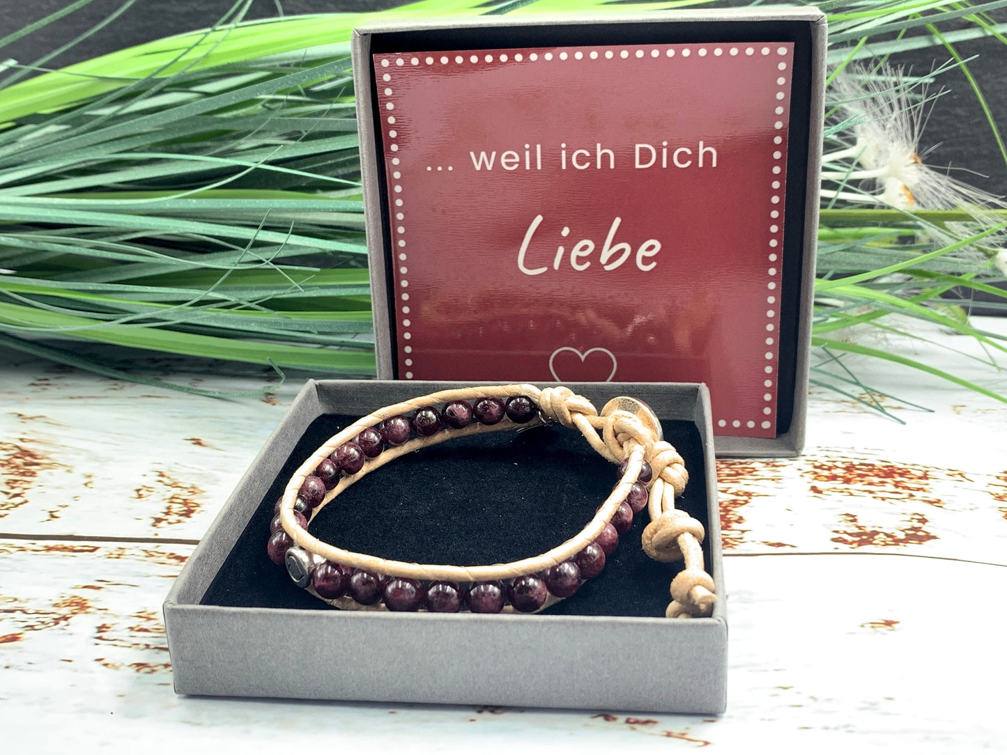Perlenarmband gewickelt Granat echter Naturstein mit Leder - Herz DQ - Wickelarmband Bohostil - Geschenk Geburtstag Liebe Freundin