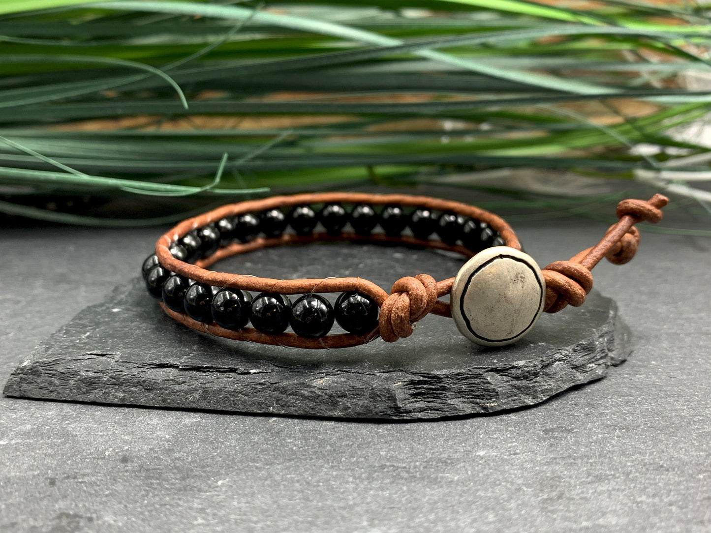 Wickelarmband Turmalin schwarz Vintagestill - Bohoarmband Festivalstil - viele Edelsteine möglich - Geschenk Perlenarmband Damen Herren