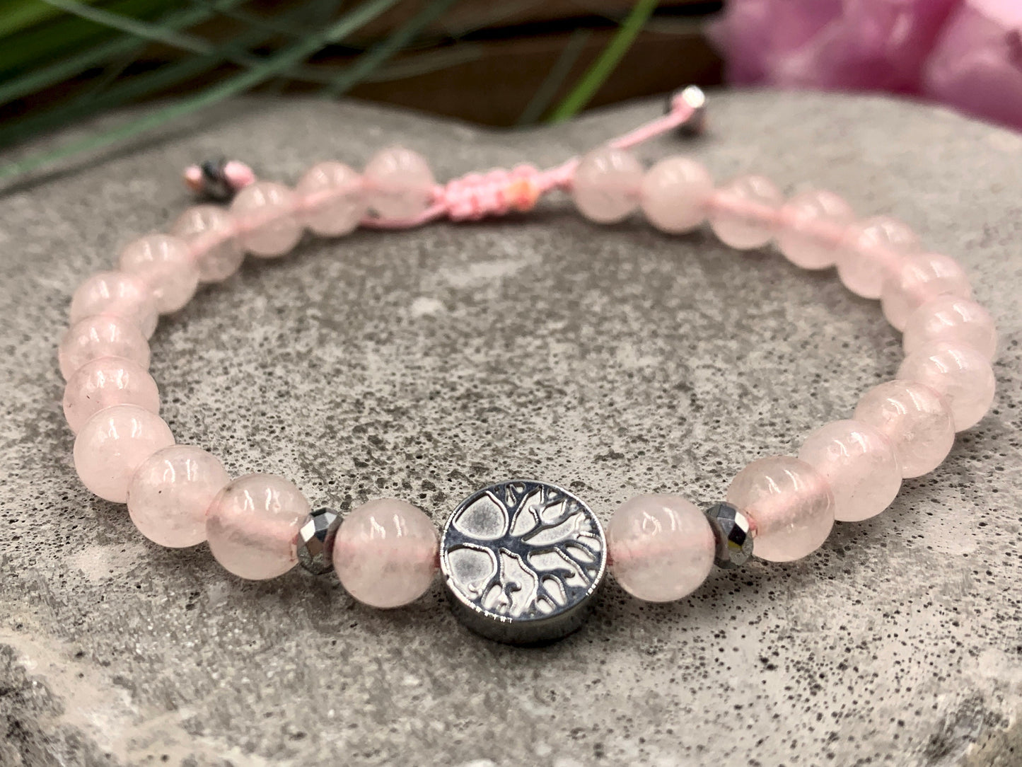 Armband Rosenquarz echt Lebensbaum Makramee - Hämatit Lebensbaum Silber - Perlenarmband Herzchakra - Geschenk Liebe Freundin Glück