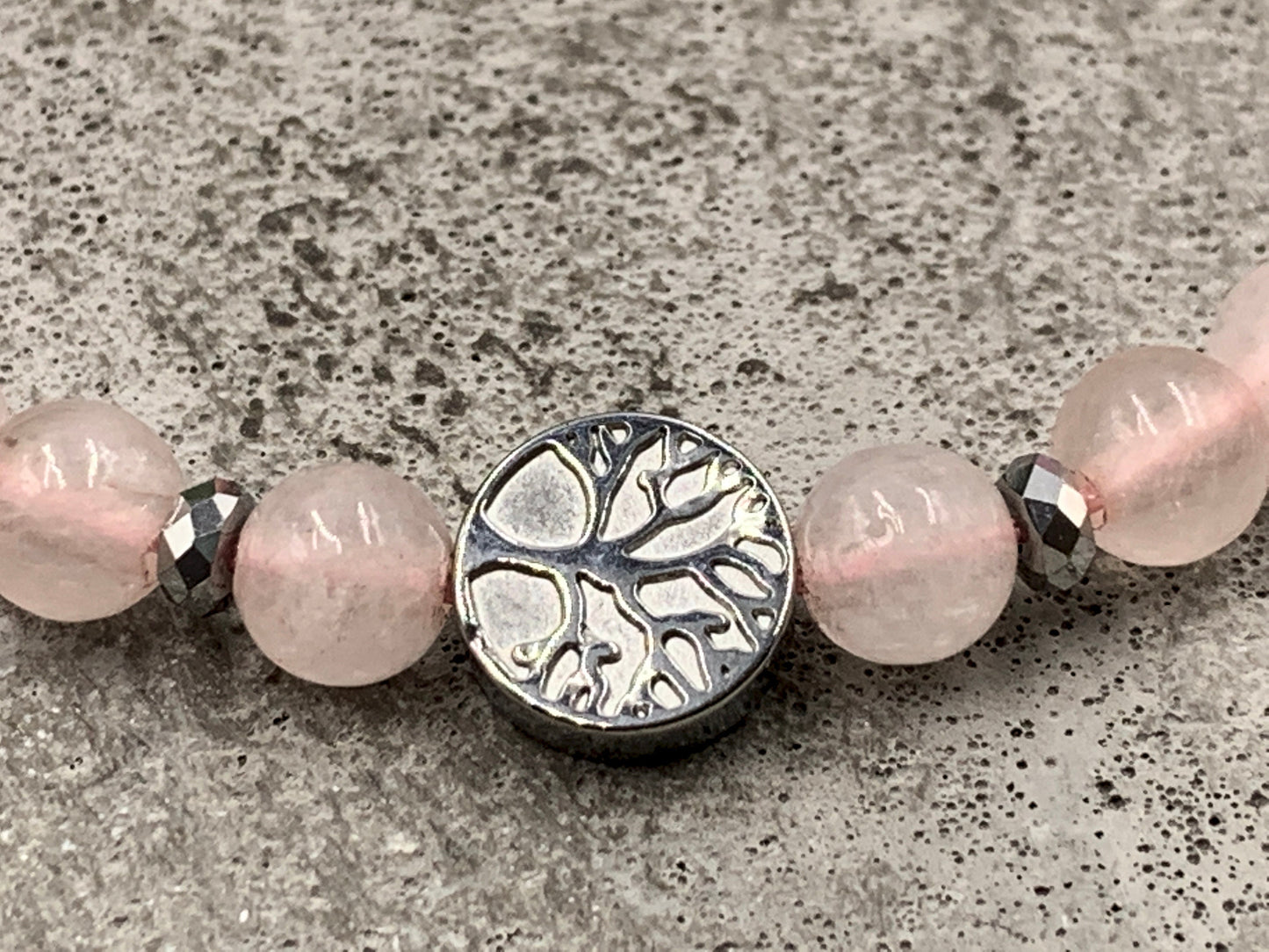 Armband Rosenquarz echt Lebensbaum Makramee - Hämatit Lebensbaum Silber - Perlenarmband Herzchakra - Geschenk Liebe Freundin Glück