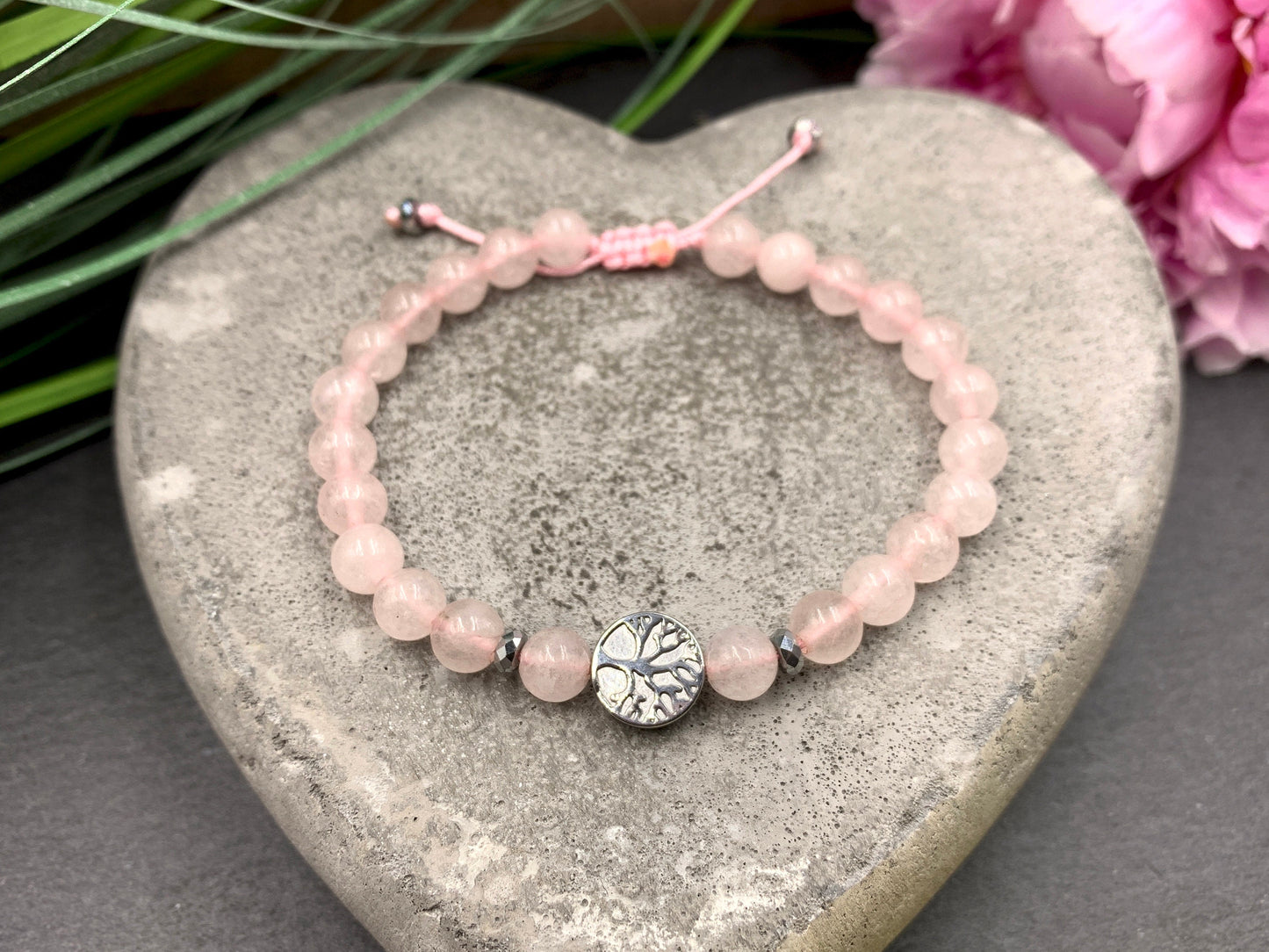 Armband Rosenquarz echt Lebensbaum Makramee - Hämatit Lebensbaum Silber - Perlenarmband Herzchakra - Geschenk Liebe Freundin Glück