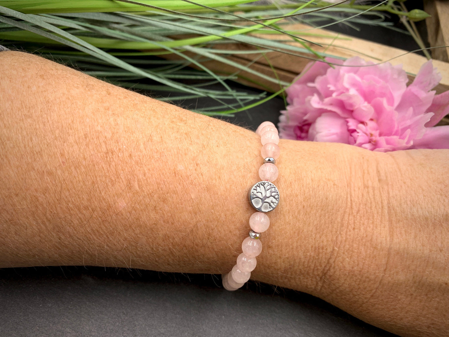 Armband Rosenquarz echt Lebensbaum Makramee - Hämatit Lebensbaum Silber - Perlenarmband Herzchakra - Geschenk Liebe Freundin Glück