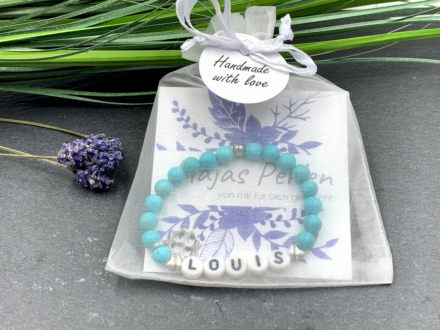 Armband Name Türkis Louis Herzperle platiniert - Namensarmband Geschenk Mama Liebe Mädchen Freundschaft - personalisierbar - div. Edelsteine