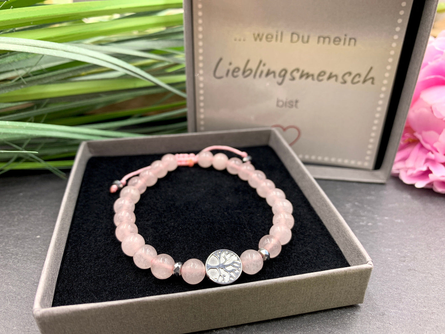 Armband Rosenquarz echt Lebensbaum Makramee - Hämatit Lebensbaum Silber - Perlenarmband Herzchakra - Geschenk Liebe Freundin Glück