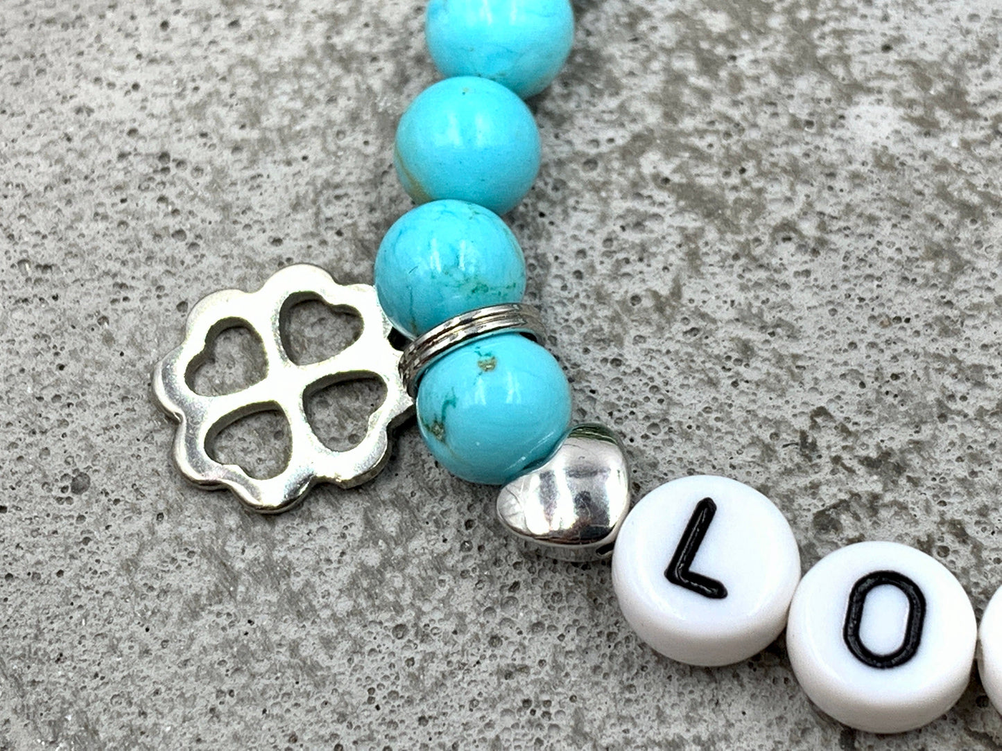 Armband Name Türkis Louis Herzperle platiniert - Namensarmband Geschenk Mama Liebe Mädchen Freundschaft - personalisierbar - div. Edelsteine