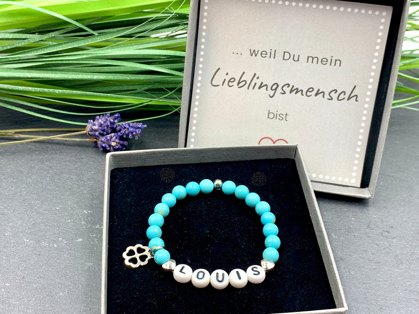 Armband Name Türkis Louis Herzperle platiniert - Namensarmband Geschenk Mama Liebe Mädchen Freundschaft - personalisierbar - div. Edelsteine