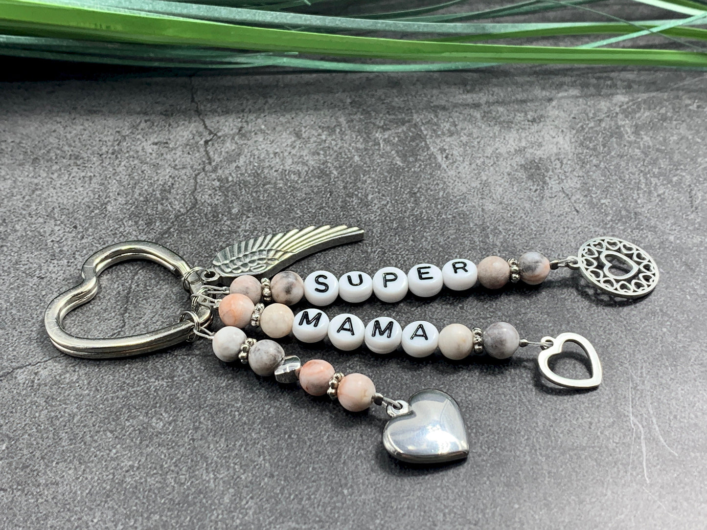 Schlüsselanhänger Super Mama Zebra Jaspis echte Natursteine - Geschenk Mama Tante Oma Geburt Liebe - viele Edelsteine - personalisierbar