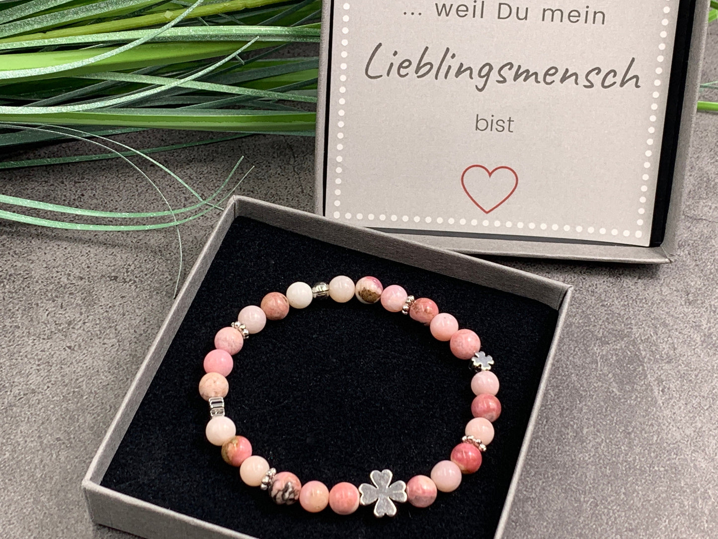 Glücksarmband Rhodonit Kleeperlen Daisyperlen echt platiniert - Geschenk Liebe Mut Schutz Glück - Edelstein wählbar - Glücksarmband