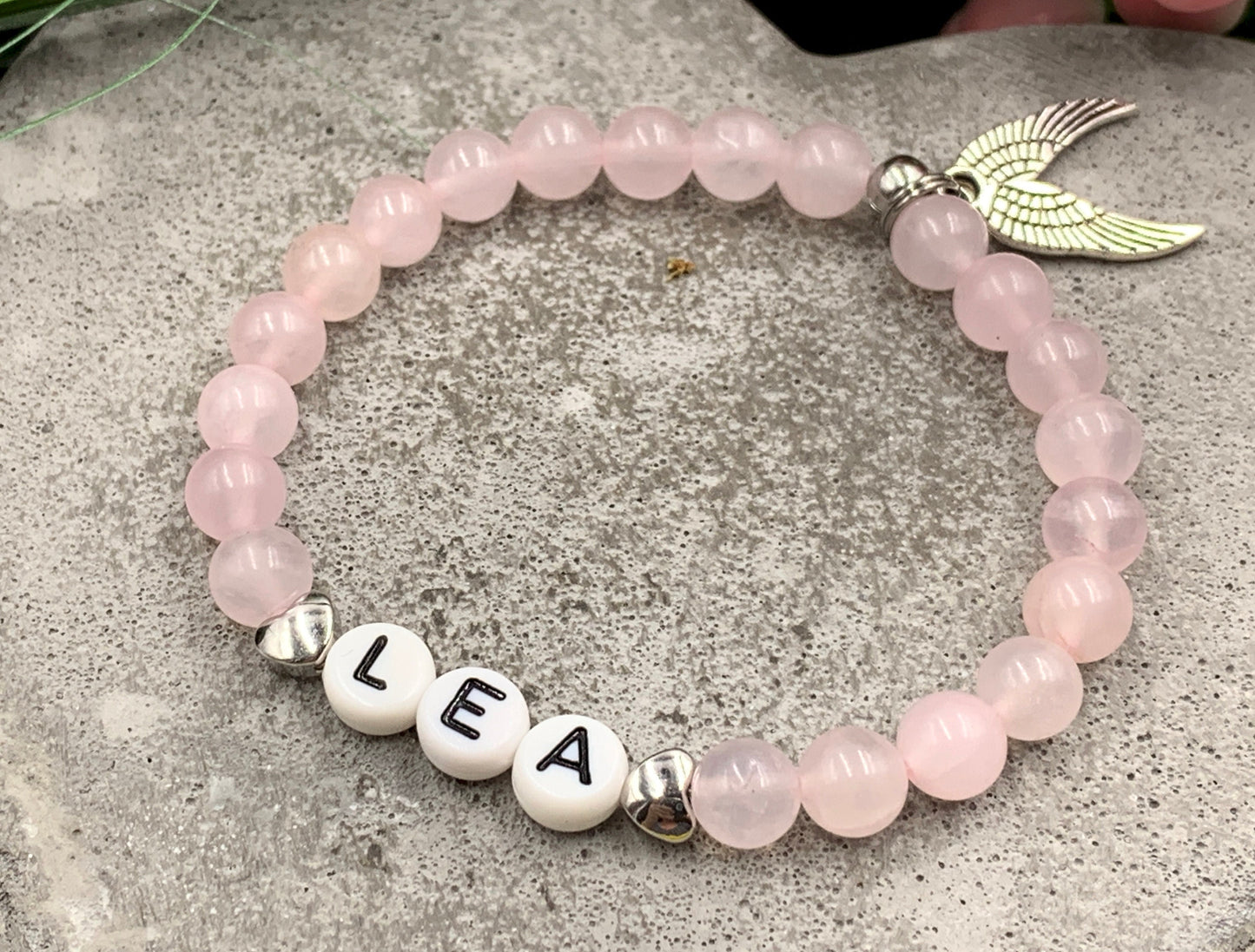 Namensarmband Rosenquarz echt Herzen Platiniert - Geschenk Mama Geburt Liebe Andenken Lieblingsmensch - Wunschedelstein personalisierbar