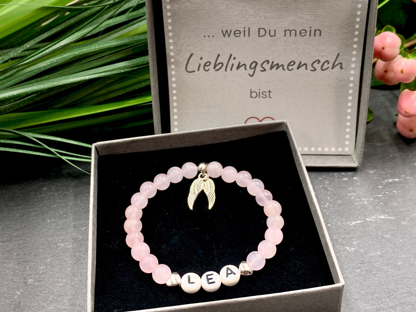 Namensarmband Rosenquarz echt Herzen Platiniert - Geschenk Mama Geburt Liebe Andenken Lieblingsmensch - Wunschedelstein personalisierbar