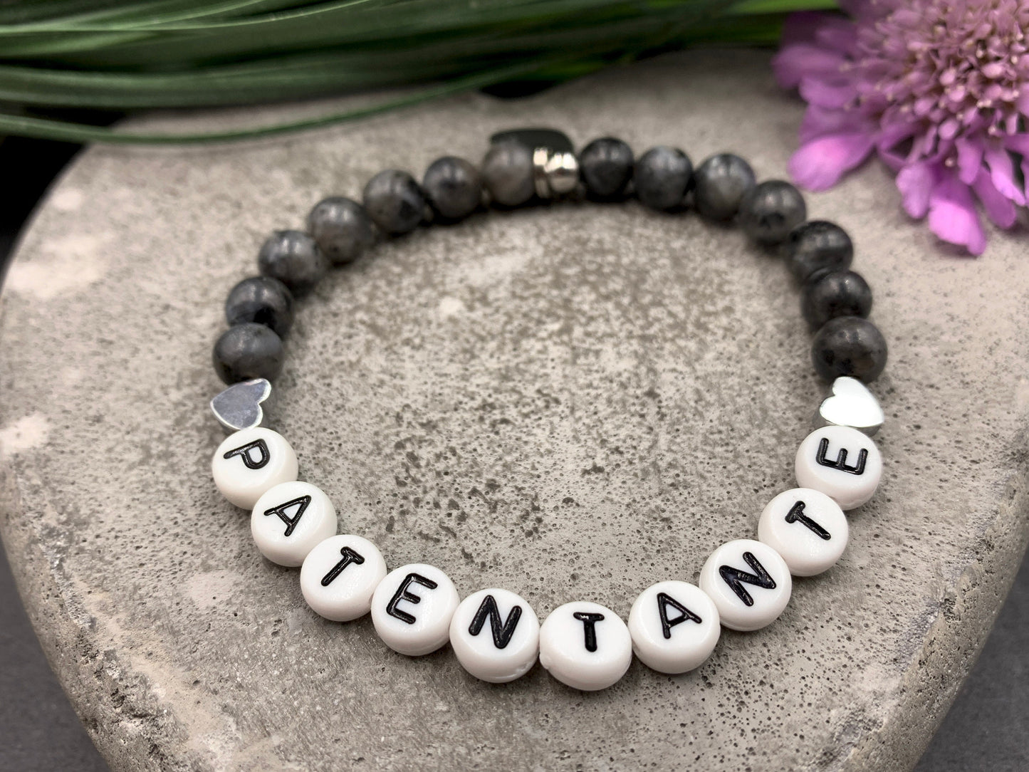 Armband Patentante Labradorit mit Hämatitherzen - Geschenk Frage Patenschaft Taufandenken- viele Edelsteine - personalisierbar