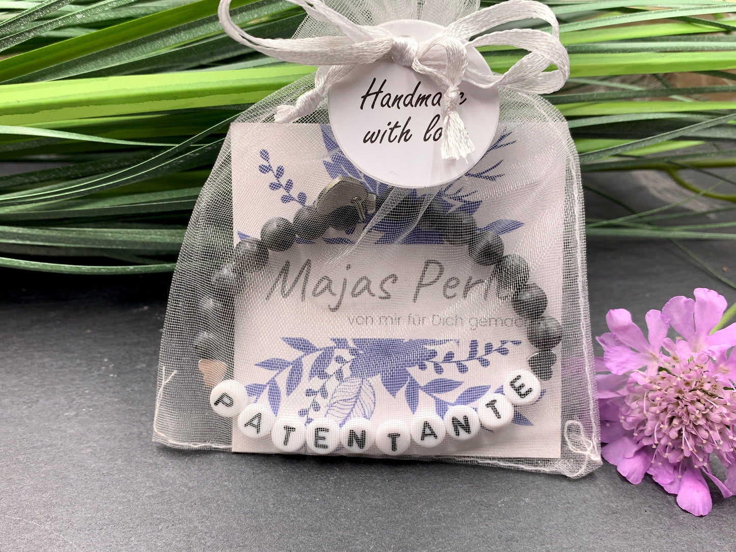 Armband Patentante Labradorit mit Hämatitherzen - Geschenk Frage Patenschaft Taufandenken- viele Edelsteine - personalisierbar