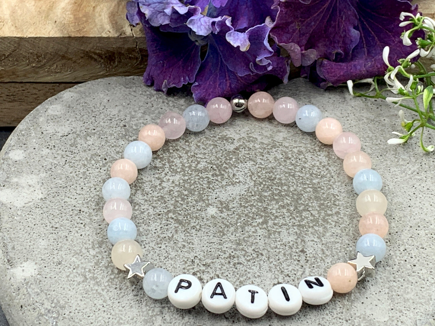 Armband Patin Morganit platinierte Sterne Wunschedelstein Mondstein Turmalin uvm - Taufgeschenk Patentante fragen - personalisierbar