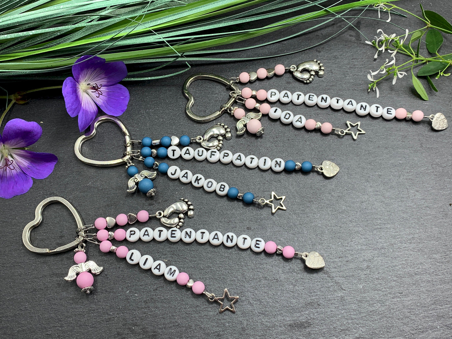 Schlüsselanhänger Patentante Rosa - Geschenk Frage Patenschaft Taufgeschenk - Viele Farben - Edelsteine möglich - personalisierbar