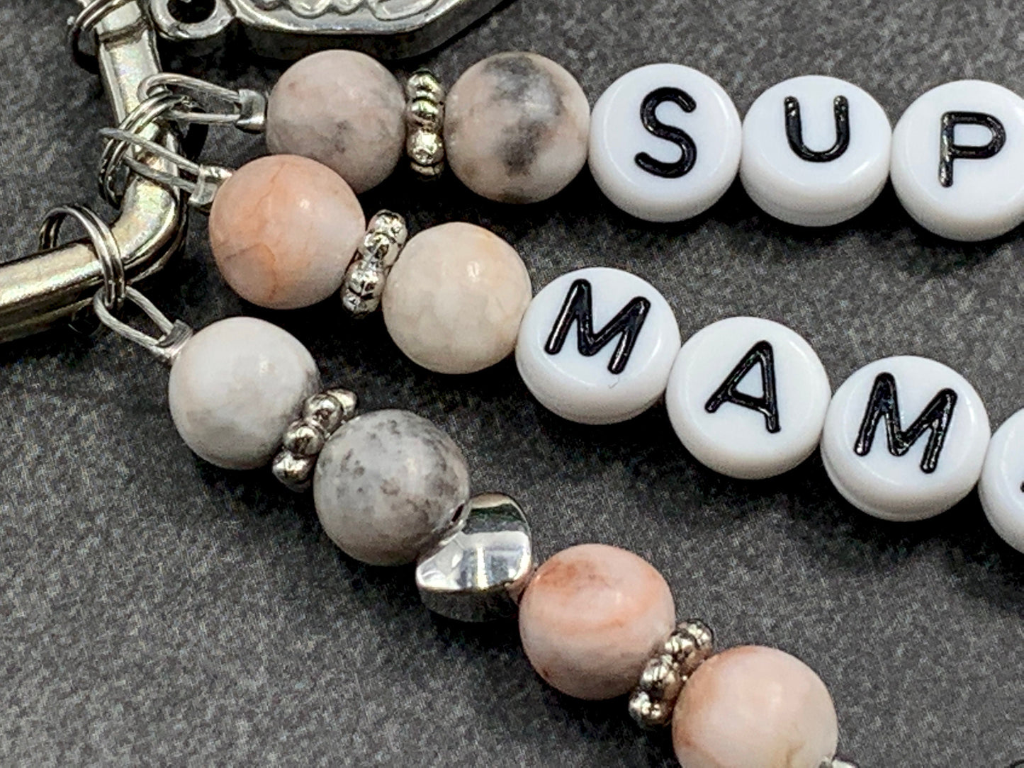 Schlüsselanhänger Super Mama Zebra Jaspis echte Natursteine - Geschenk Mama Tante Oma Geburt Liebe - viele Edelsteine - personalisierbar