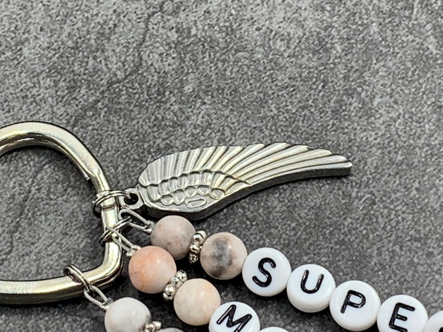 Schlüsselanhänger Super Mama Zebra Jaspis echte Natursteine - Geschenk Mama Tante Oma Geburt Liebe - viele Edelsteine - personalisierbar