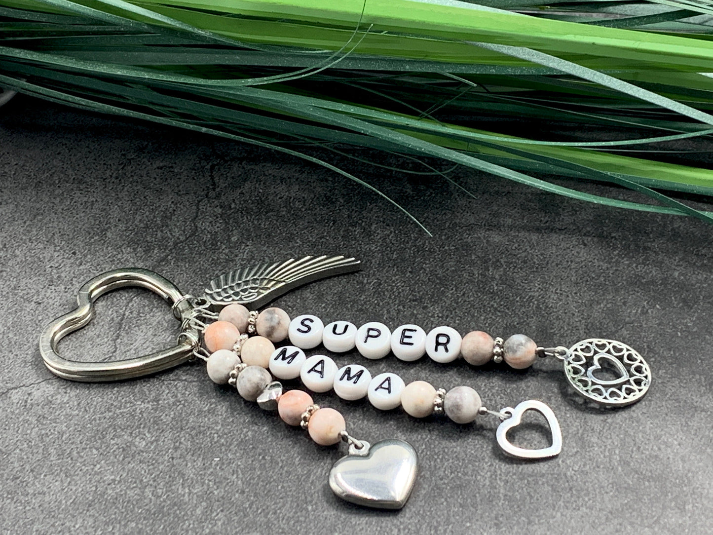 Schlüsselanhänger Super Mama Zebra Jaspis echte Natursteine - Geschenk Mama Tante Oma Geburt Liebe - viele Edelsteine - personalisierbar