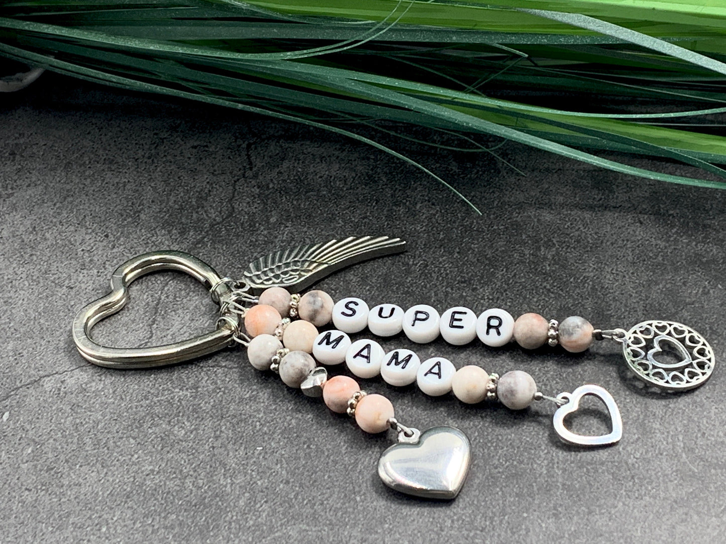 Schlüsselanhänger Super Mama Zebra Jaspis echte Natursteine - Geschenk Mama Tante Oma Geburt Liebe - viele Edelsteine - personalisierbar