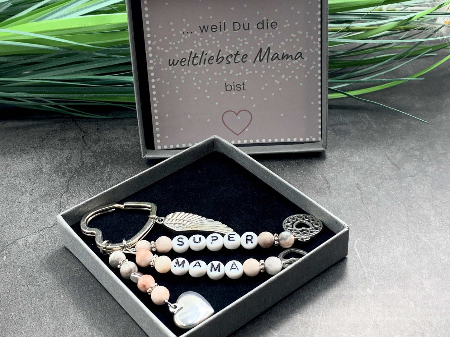 Schlüsselanhänger Super Mama Zebra Jaspis echte Natursteine - Geschenk Mama Tante Oma Geburt Liebe - viele Edelsteine - personalisierbar