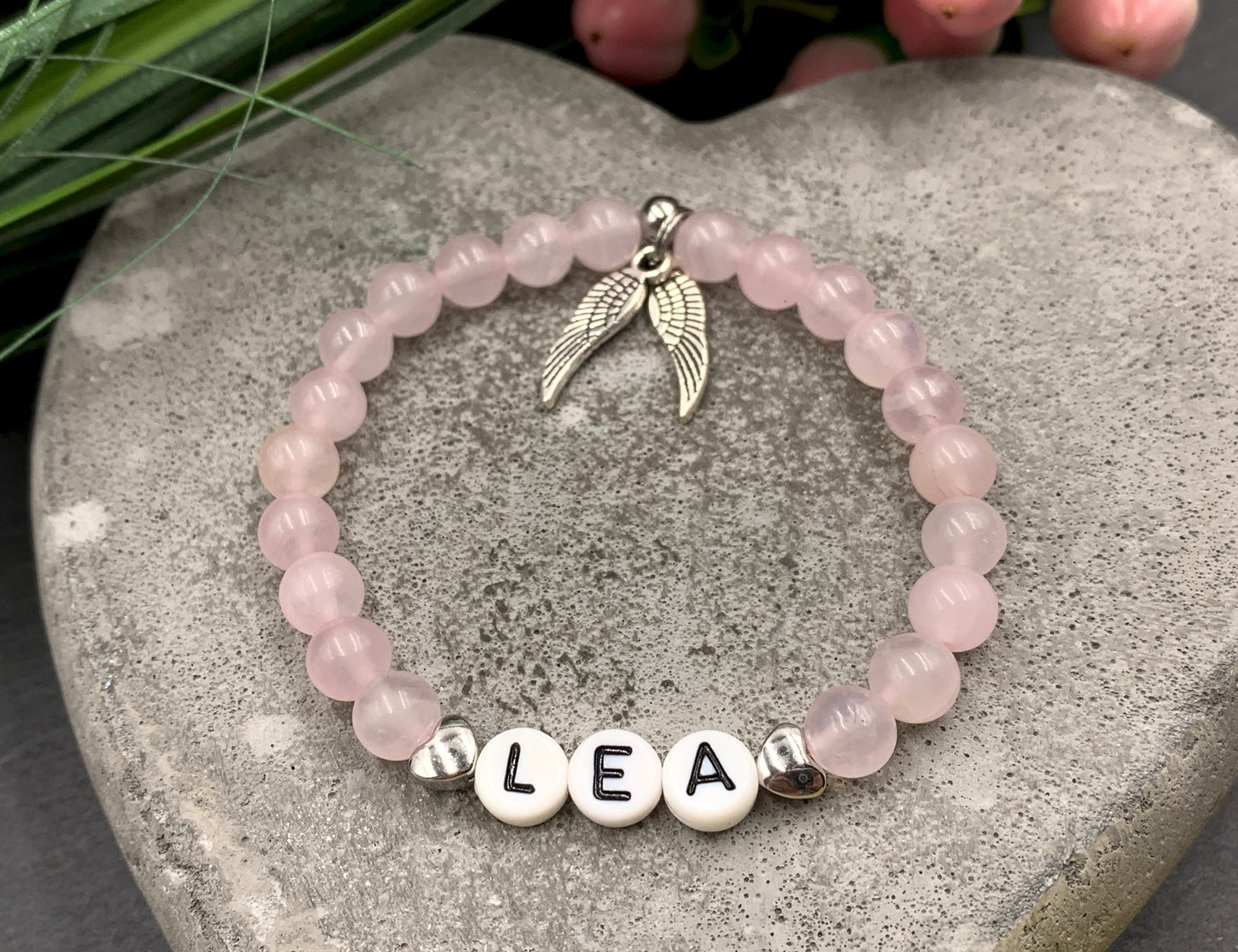 Namensarmband Rosenquarz echt Herzen Platiniert - Geschenk Mama Geburt Liebe Andenken Lieblingsmensch - Wunschedelstein personalisierbar