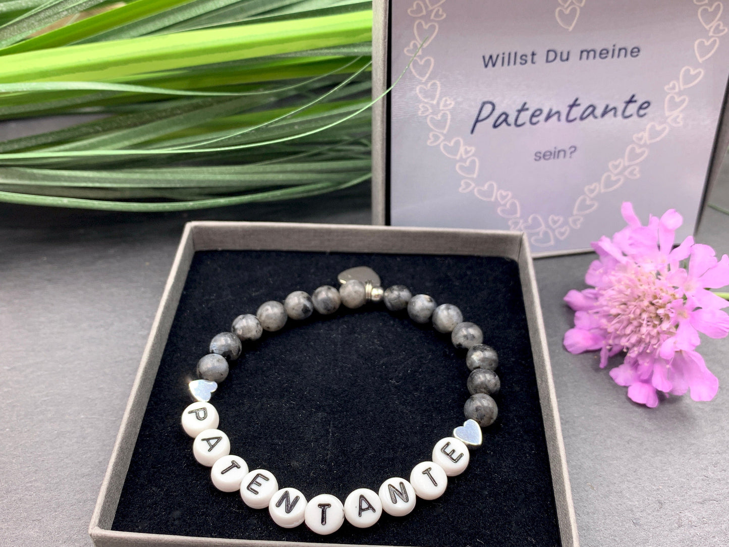 Armband Patentante Labradorit mit Hämatitherzen - Geschenk Frage Patenschaft Taufandenken- viele Edelsteine - personalisierbar
