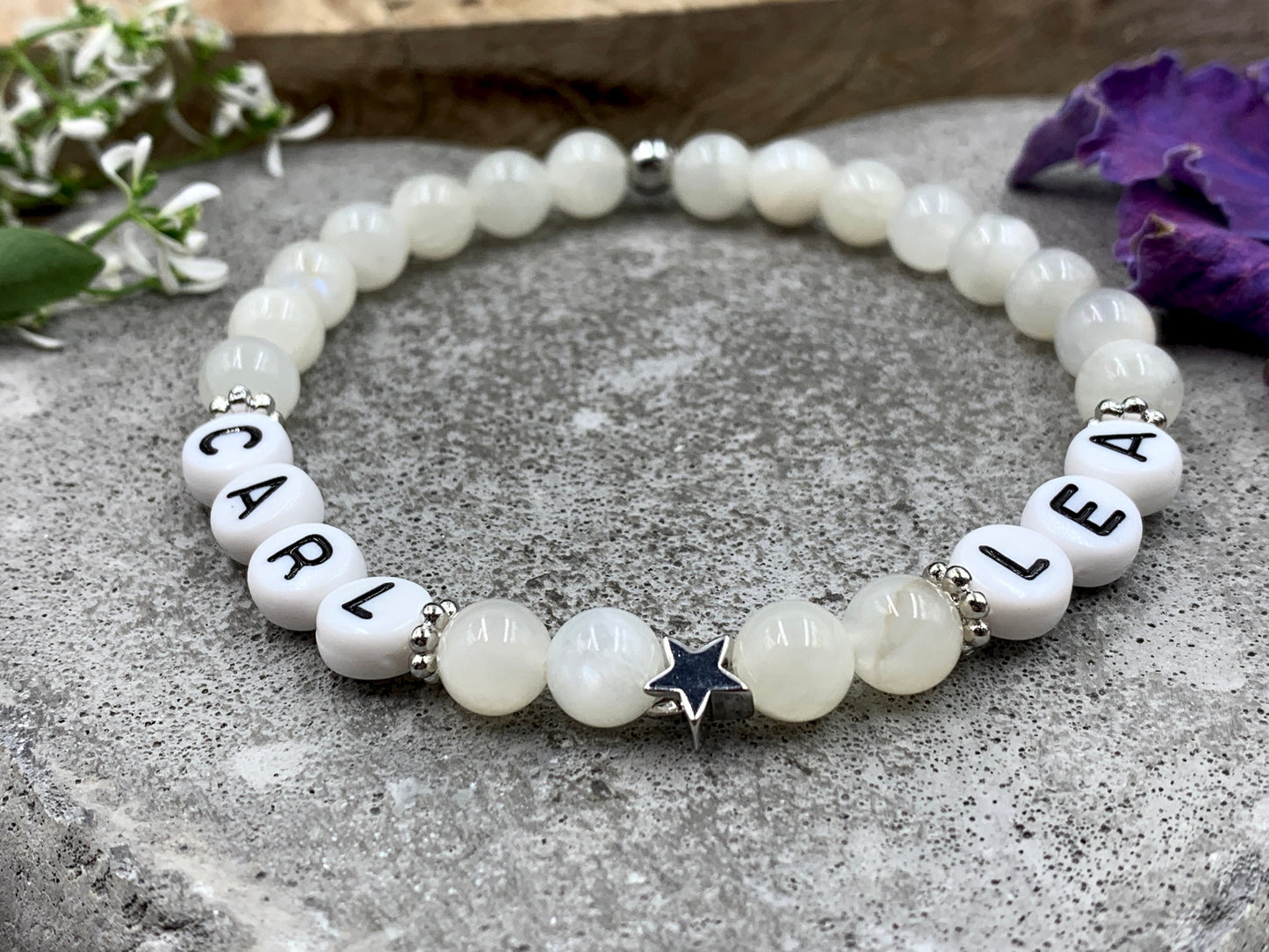 Perlenarmband Mondstein - Kindernamen - Stern echt Platiniert - Geschenk für Mama Oma Patin - Turmalin Rhodonit Apatit uvm. - alle Größen