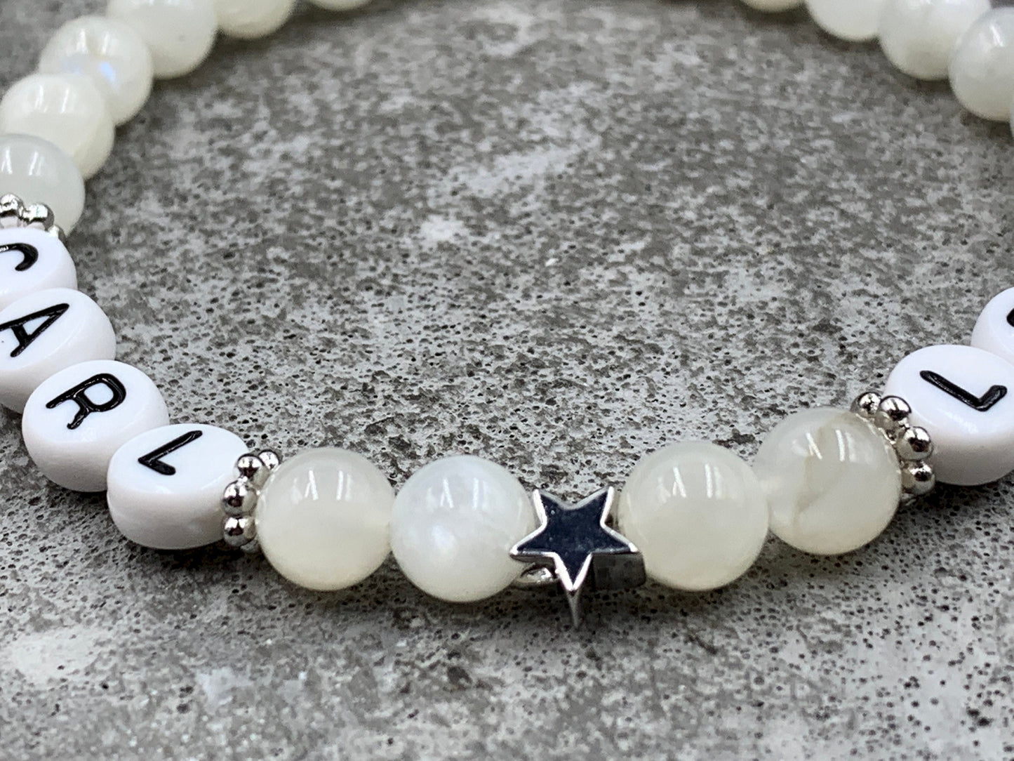 Perlenarmband Mondstein - Kindernamen - Stern echt Platiniert - Geschenk für Mama Oma Patin - Turmalin Rhodonit Apatit uvm. - alle Größen